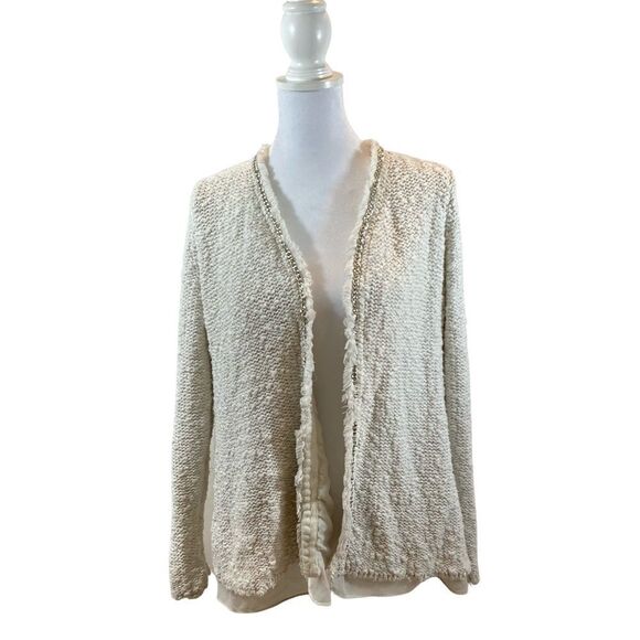 Zara Knit White Open Front Cardigan Sweater with Silver Metal Details Large - Picture 4 of 13